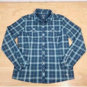 Mountain Hardwear Women's Sz L Plaid Long Sleeve Button Up Shirt Teal Blue